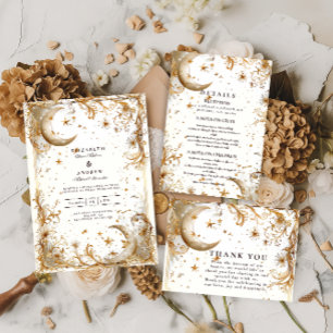 White Gold Celestial Moon & Stars Wedding Invitation