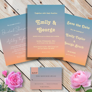 Elegant Chic Blue Orange Sky Sunset Wedding Save The Date