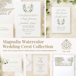 Aquarelle Magnolia Mariage Crest Invitation