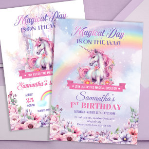 Pastel Pink Unicorn and Rainbows 2nd Birthday Invitation