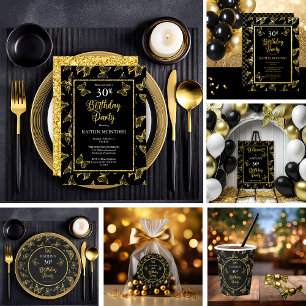 Elegant Black Gold Butterflies 30th Birthday Party Paper Cups