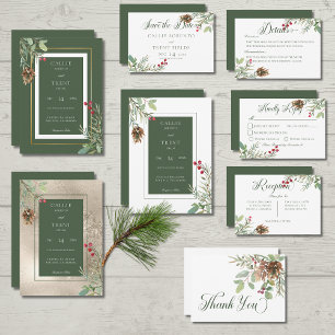 Winter Pine Cone Berries Modern Save the Date Card
