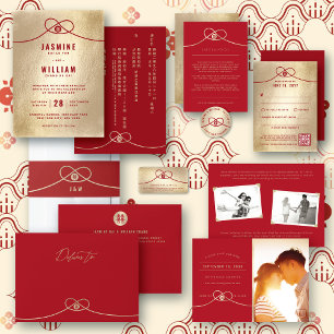Red Knot Union Double Happiness Chinese Wedding All In One Invitation