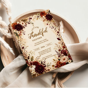 Invitation Dîner de Thanksgiving floral bordeaux luxueux