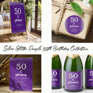 Silver Glitter Purple 50th Birthday Party  Square Paper Coaster