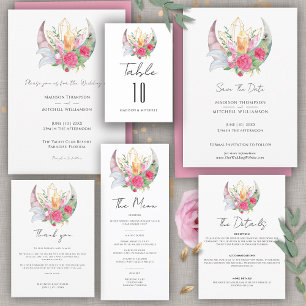 Carte D'accompagnement Boho Moon Crystals Plumes rose Fleurs Mariage