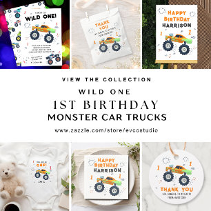 Wild One Birthday Modern Kids Monster Car Trucks Invitation