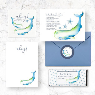 Twins 1st Birthday Watercolor Whale Starfish Invitation