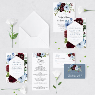 Elegant Dusty blue burgundy flowers wedding Invitation
