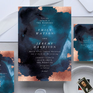 Watercolor Navy Blue Moody Rose Gold Wedding Invitation