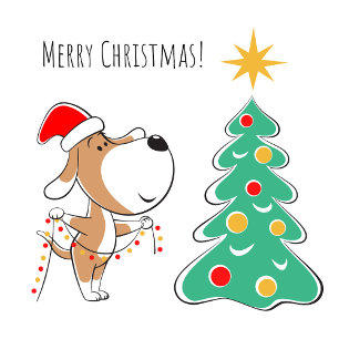 Merry Christmas Tree Cute Puppy Dog Santa Hat Card