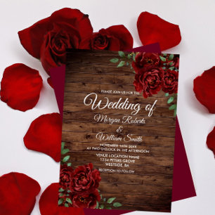 Romantic Red Rose Burgundy Rustic Wood wedding Invitation