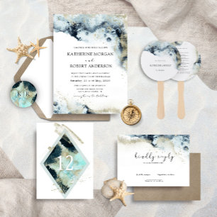 Watercolor Waves Minimalistic Wedding Invitation
