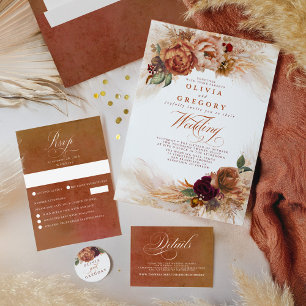 Terracotta Floral Pampas Grass Evening Reception Invitation
