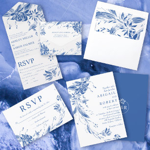 Invitation Tout En Un Fleurs d'art bleu et blanc mariage