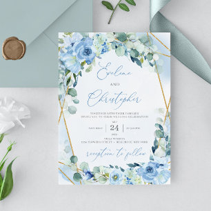 Dusty Blue Floral Gold Geometric Tied the Knot Invitation