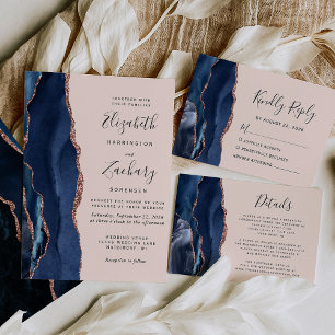 Navy Blue Rose Gold Agate Blush Wedding RSVP