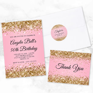 Gold Glitter Pink Fancy Monogram 50th Birthday Invitation