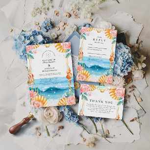 Pastel Seashell Coastal Waters Wedding Thank You Card