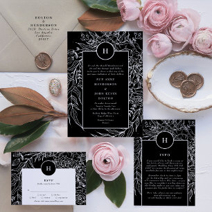 Elegant Black Tuxedo Bright White Monogram Wreath Invitation