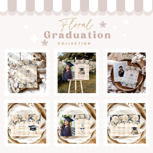Elegant Navy Blue Floral Graduation  Thank You Card