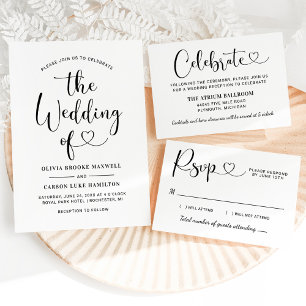 Modern Black Heart Calligraphy Script Wedding Invitation