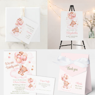 Teddy Bear & Pink Balloons Baby Shower Invitation