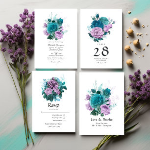 Turquoise and Lavender Floral Wedding RSVP Card