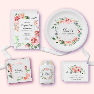 Elegant Pink Rose Floral 100th Birthday Party Invitation