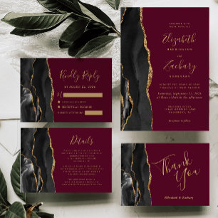Black Gold Agate Burgundy Red Wedding Invitation