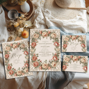 Invitation Tout En Un Olive & Orange Mariage Vintage Art Nouveau Floral