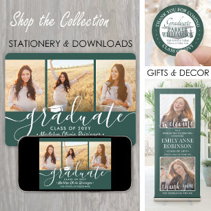 4 Photo Collage Green and White Graduation Party Invitation