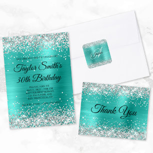 Silver Glitter Turquoise Monogram 30th Birthday Invitation