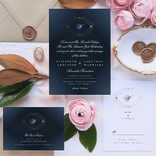 Simple Modern Geometric Navy Gold Wedding Invitation