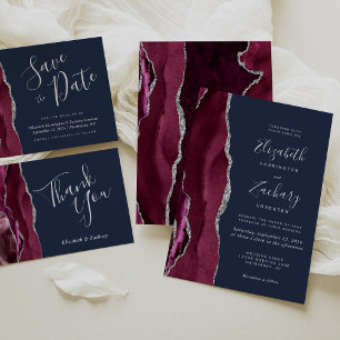 Burgundy Silver Agate Navy Blue Wedding RSVP Card
