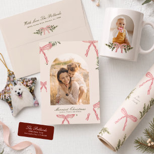 Cream Elegant, Traditional & Preppy Bows & Greens Holiday Card
