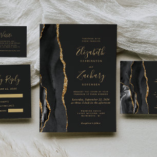 Modern Black Gold Agate Dark Wedding RSVP Card