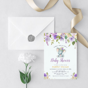 little elephant purple floral baby shower invitation