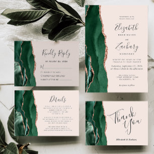 Emerald Green Rose Gold Agate Blush Pink Wedding RSVP Card