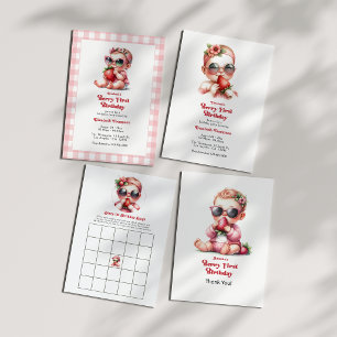 Berry First Birthday Pink Gingham Strawberry Vellum Invitations