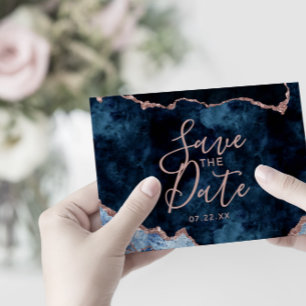 Navy Blue Rose Gold Foil Agate Wedding Invitations