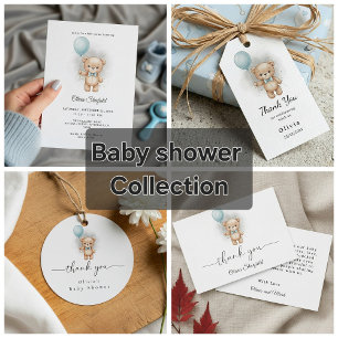 Baby Shower for Boy Blue Balloon, Teddy Bear & Bow Invitation