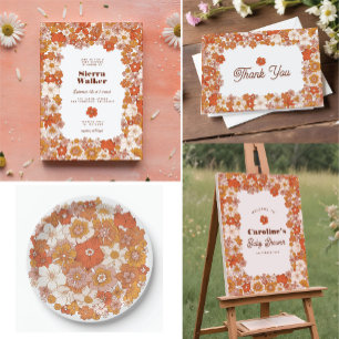 Groovy Retro Hippie Floral Pink Orange Birthday Invitation