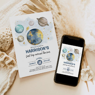Galaxy Outer Space Moon Stars 1st Birthday Photo Invitation