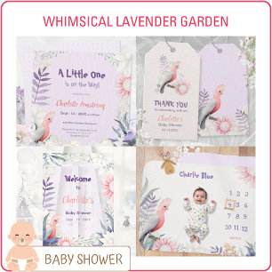 Carte D'accompagnement Baby shower avec thème oiseau floral lavande - Tir