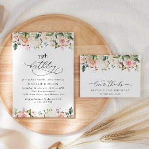 Pink Flowers, White Flowers, Boho, Birthday Invitation