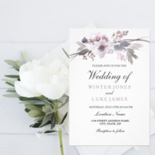 Elegant Purple Grey Winter Floral Wedding Invite