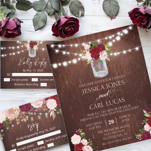 Rustic Wood Burgundy Blush Pink Rose Mason Jar Inv Flyer