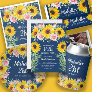 Pink Roses Sunflowers Navy Blue 21st Birthday  Invitation