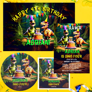 Dino four dinosaur birthday thank you favour classic round sticker